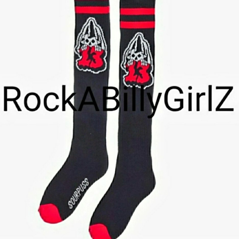 Sourpuss Grim Reaper Lucky 13 Vintage Tattoo Flash Red Double Stripe 16" Socks